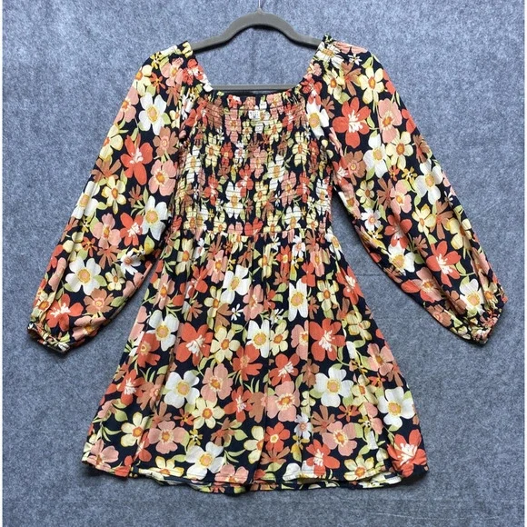 Billabong Dress Womens Large Black Floral Smocked Long Sleeve Boho Mini - Picture 8 of 9